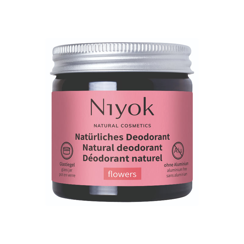 Desodorizante natural Flowers (Aroma floral) da Niyok. Sem Alumínio. Frasco de vidro