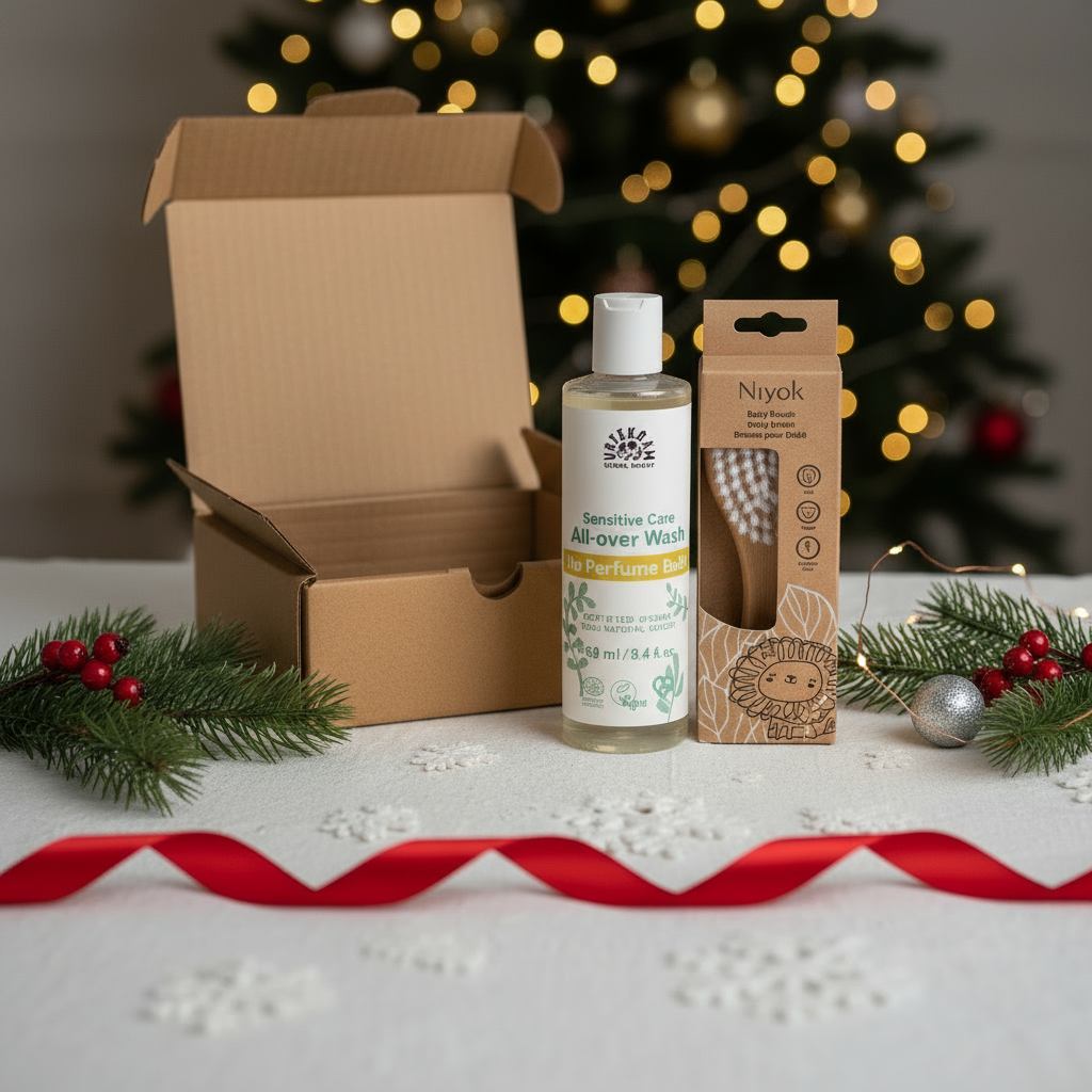 Conjunto de presente para bebé com escova para cabelo da Niyok e gel lavantebiológico para corpo e cabelo da Urtekram