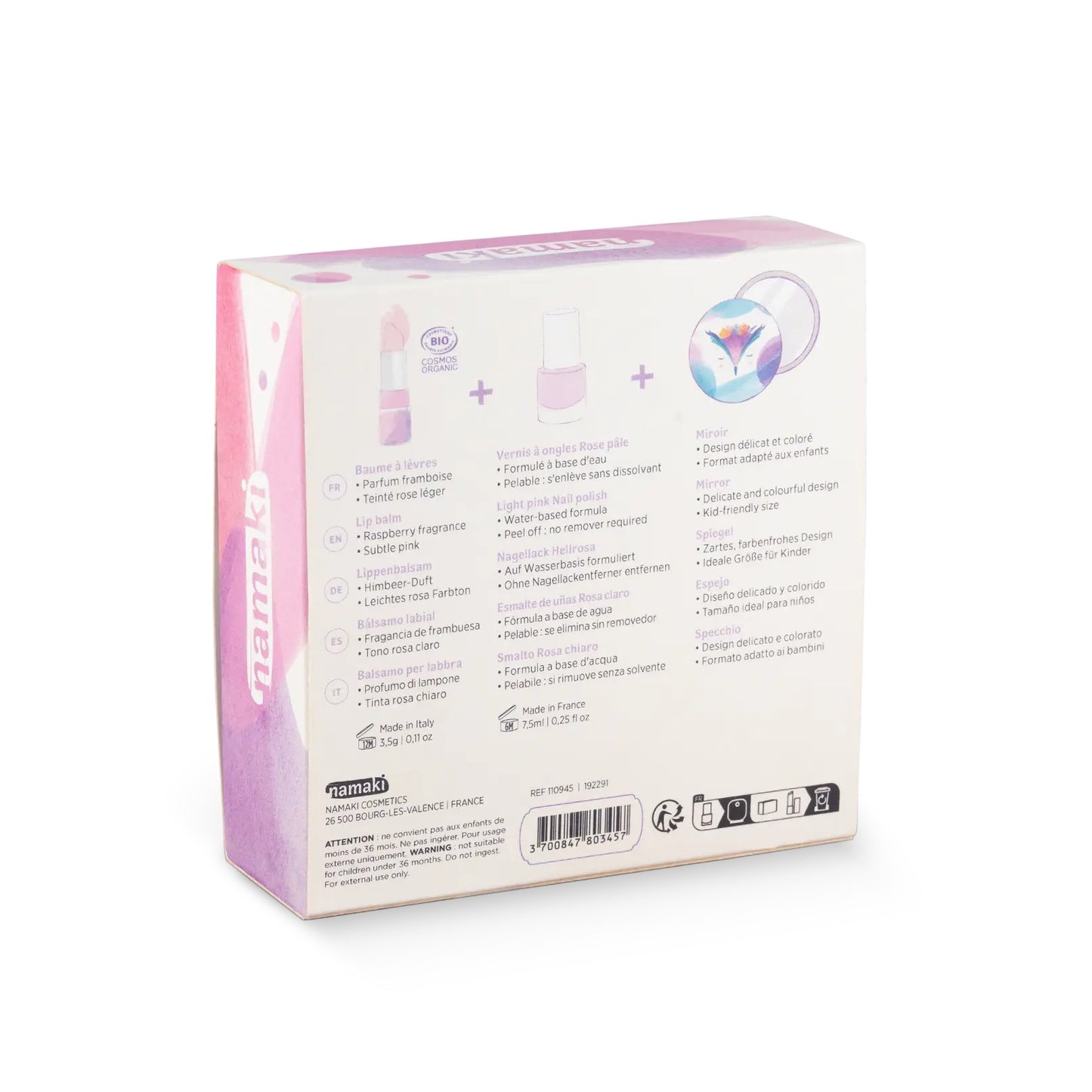 Conjunto de maquilhagem para crianças - Trio Rouxinol - com verniz rosa, batom cieiro rosa e espelho