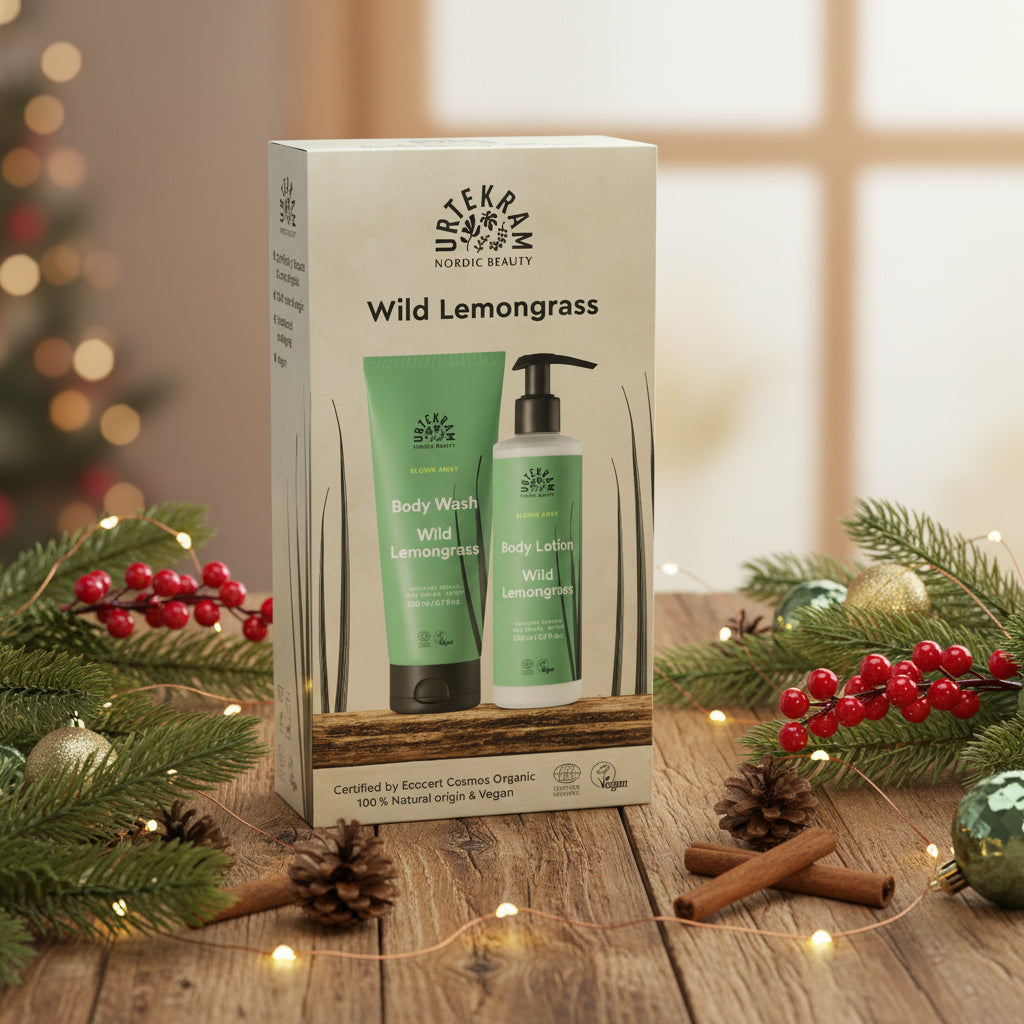 Caixa presente de gel de banho e loção hidratante biológicos de lemongrass da Urtekram.