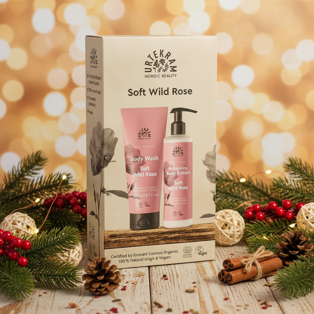 COnjunto para presente com um gel de banho e um hidratante corporal biológicos de rosa selvagem da Urtekram