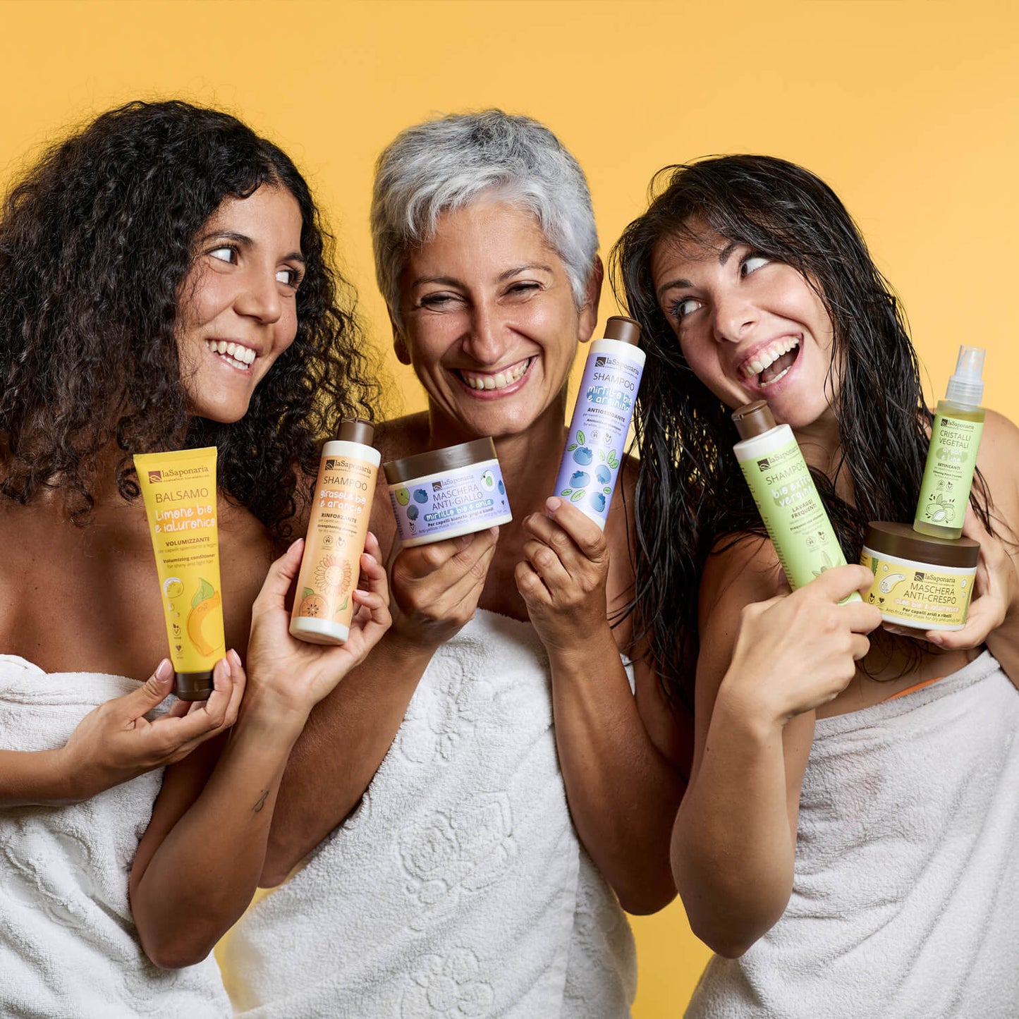 Linha de cuidados capilares da La Saponaria - Champô, condicionador e más cara.