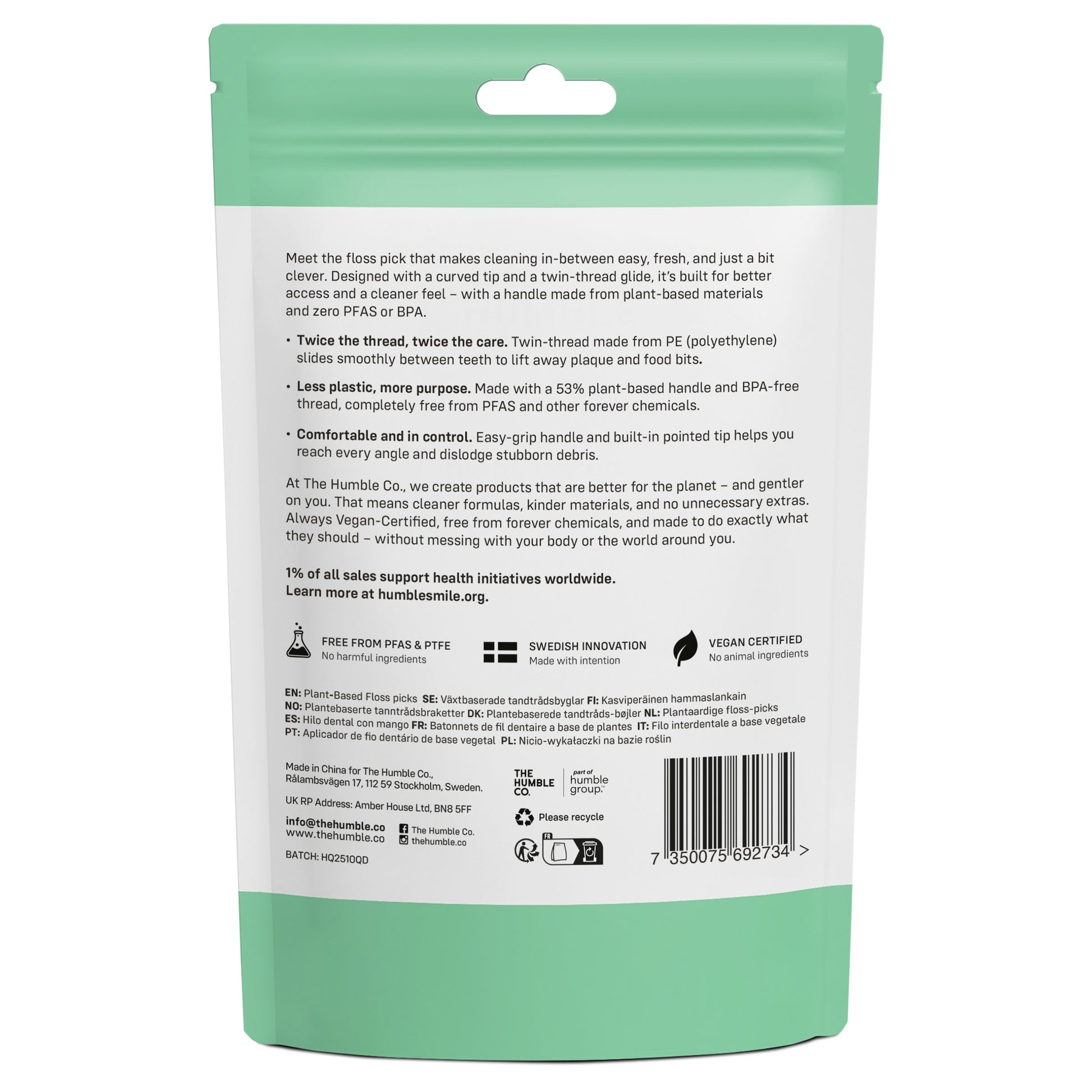 Aplicador de fio dentário com fio duplo de menta The Humble Co verso