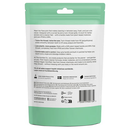 Aplicador de fio dentário com fio duplo de menta The Humble Co verso