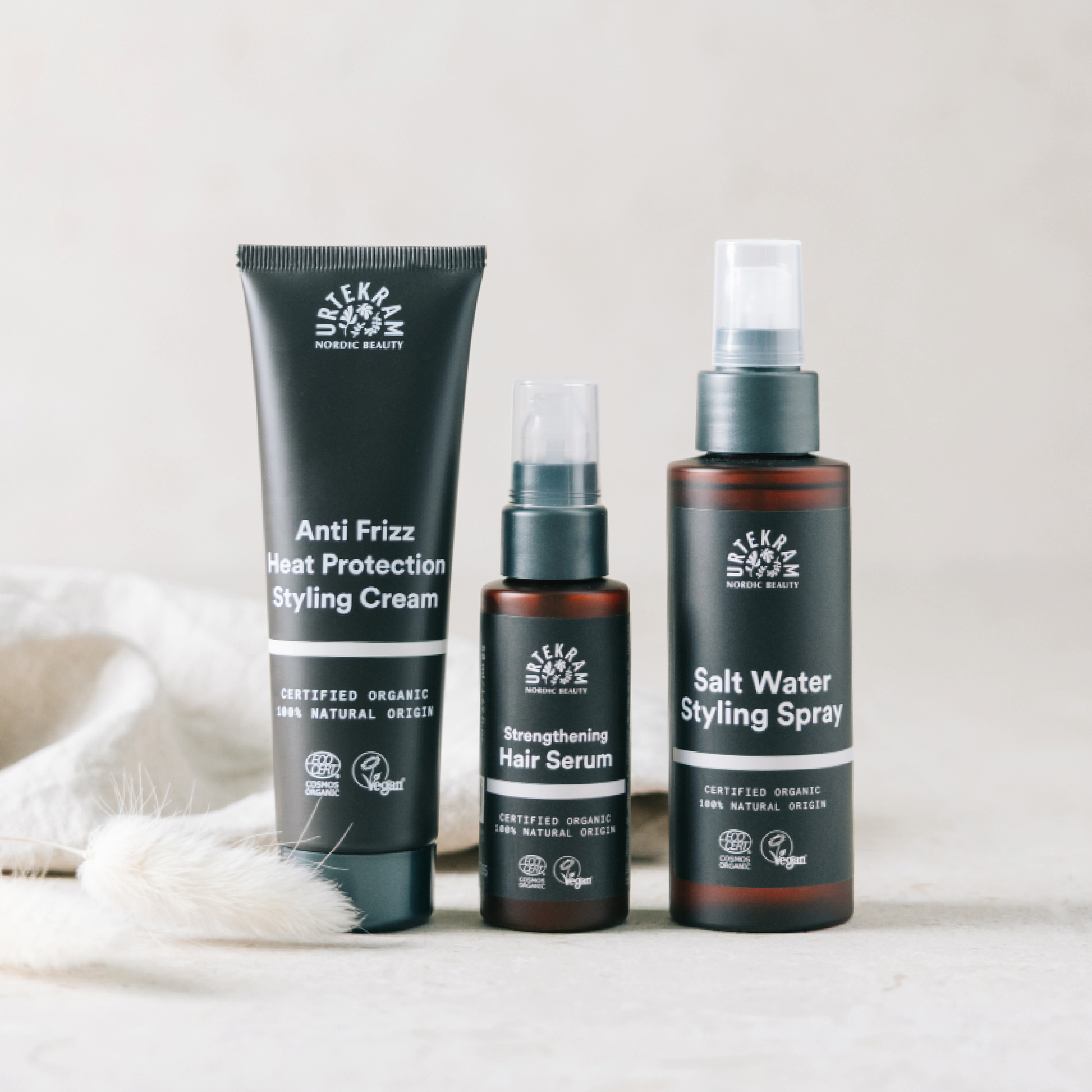 Sérum Capilar Fortificante Biológico da Urtekram + Creme Styling Antifriz com proteção de caor e Spray de styling Água-do-mar