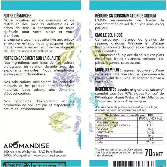 Substituto de sal - Ciao le Sel Iodado biológico da Aromandise - verso da embalagem