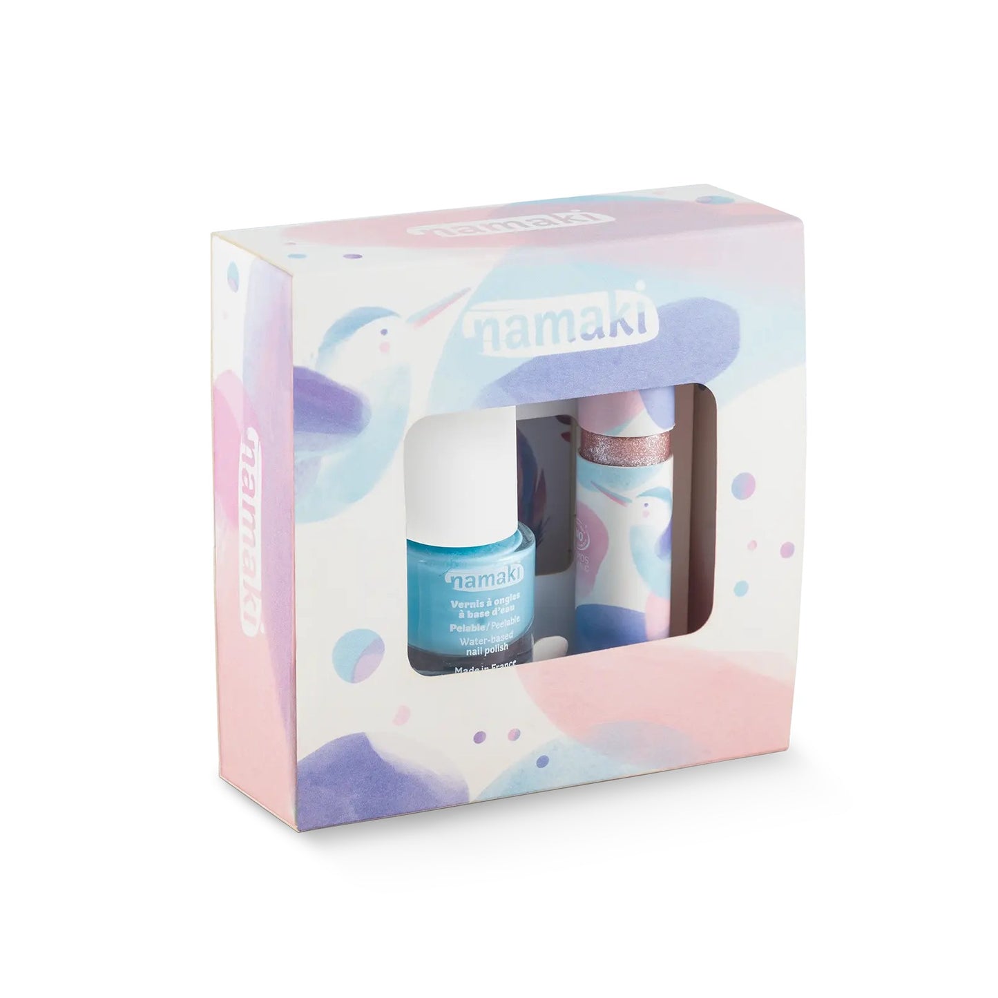 Conjunto de maquilhagem natural para crianças - Trio Colibri - com verniz azul, gloss labial rosa e tatuagens da Namaki