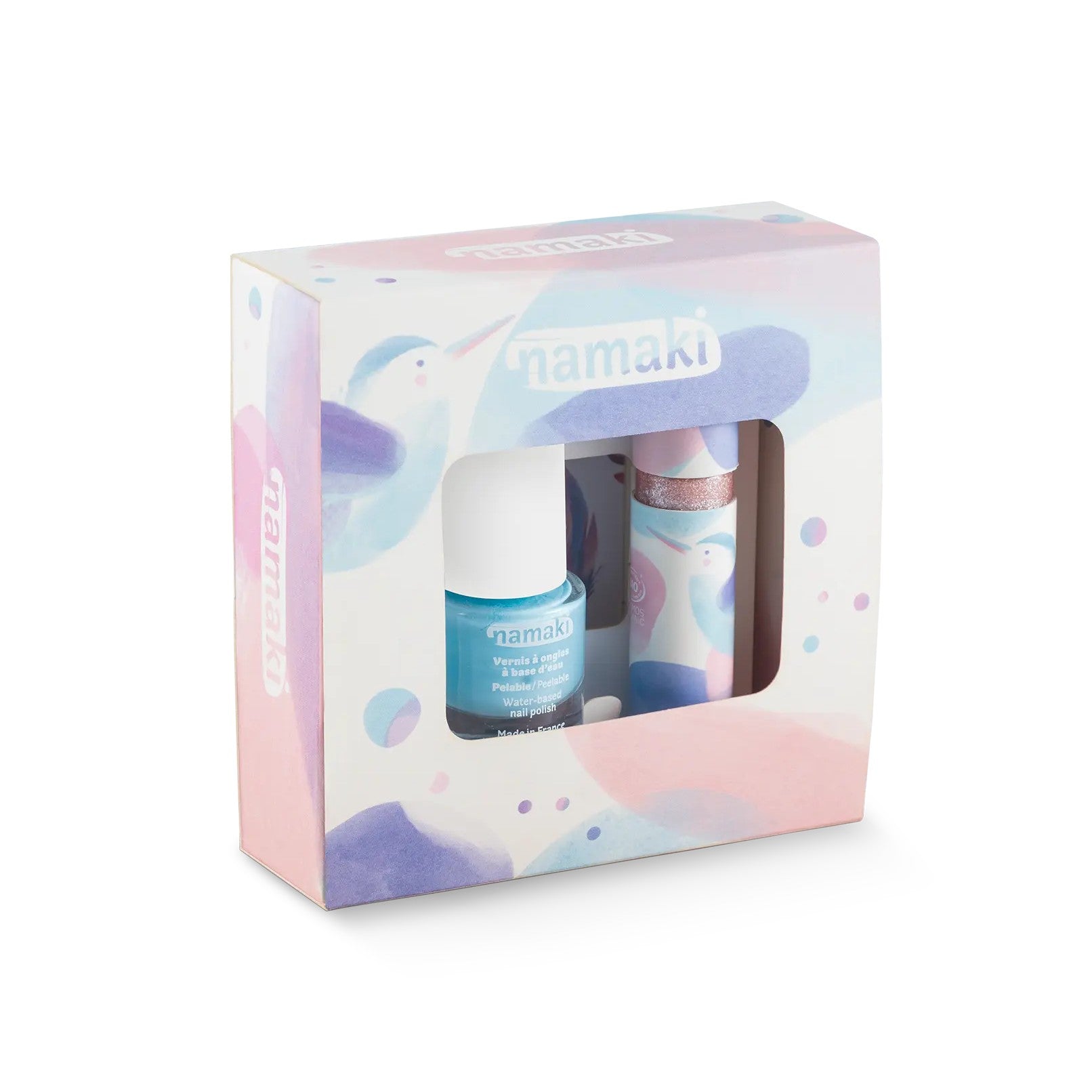 Conjunto de maquilhagem natural para crianças - Trio Colibri - com verniz azul, gloss labial rosa e tatuagens da Namaki