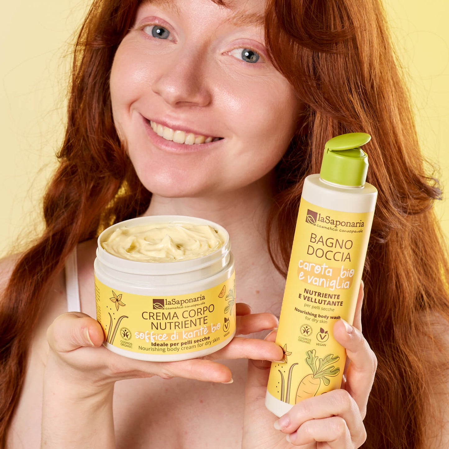 Creme hidratante Corporal Biológico nutritivo de cenoura e baunilha da La Saponaria  e gel de banho cenoura e baunilha biolgico 