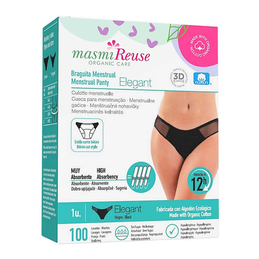 Cueca Menstrual reutilizável em algodão biológico da Masmi Modelo Elegant. Corte estilo bikini.