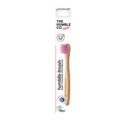 Escova dentes de bambu  com cerdas de nylon super suaves rosa para bebé - The Humble Co.