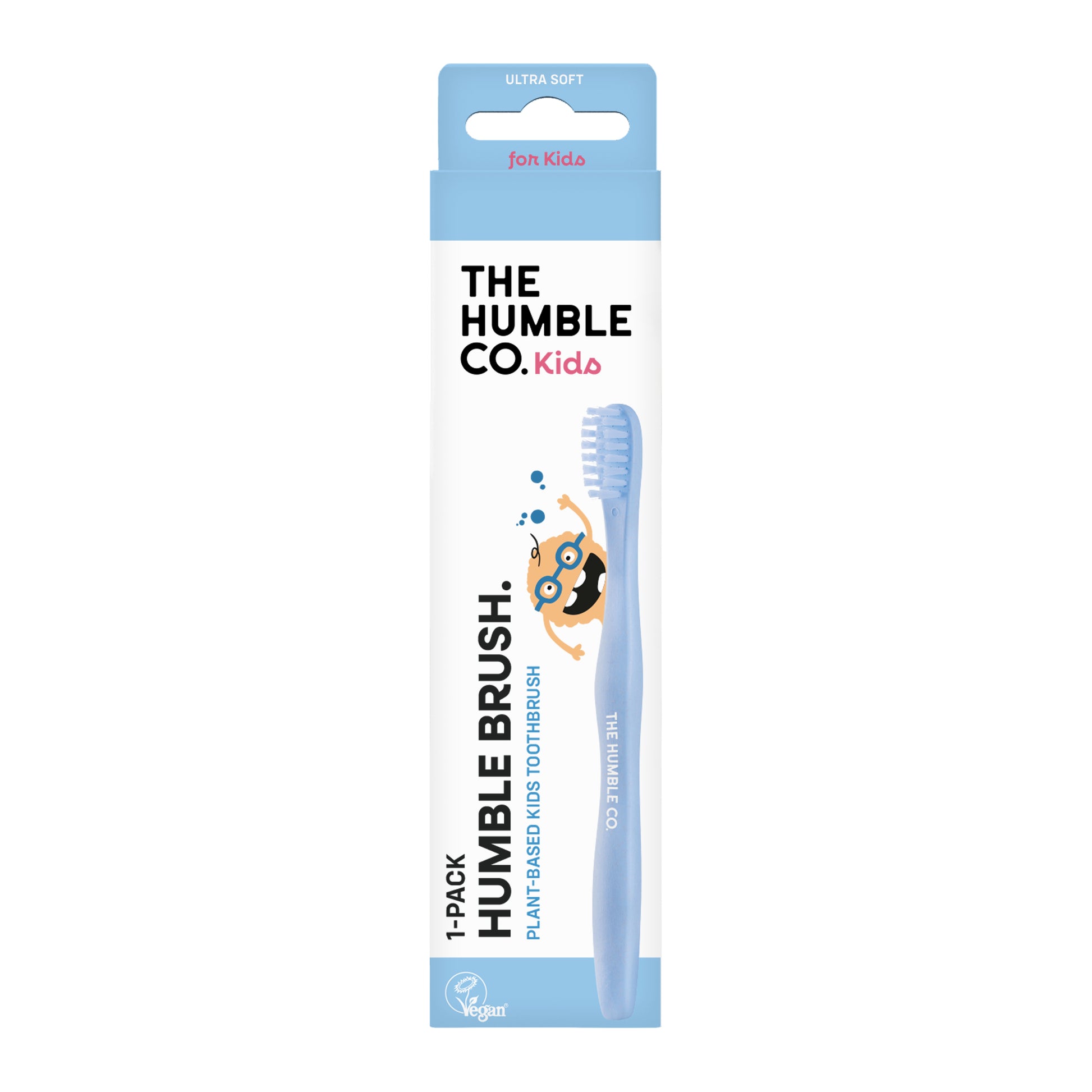Escova de dentes de criança de base vegetal da The Humble Co. Cerdas sem BPA. Azul. Embalagem.