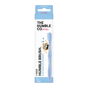 Escova de dentes de criança de base vegetal da The Humble Co. Cerdas sem BPA. Azul. Embalagem.