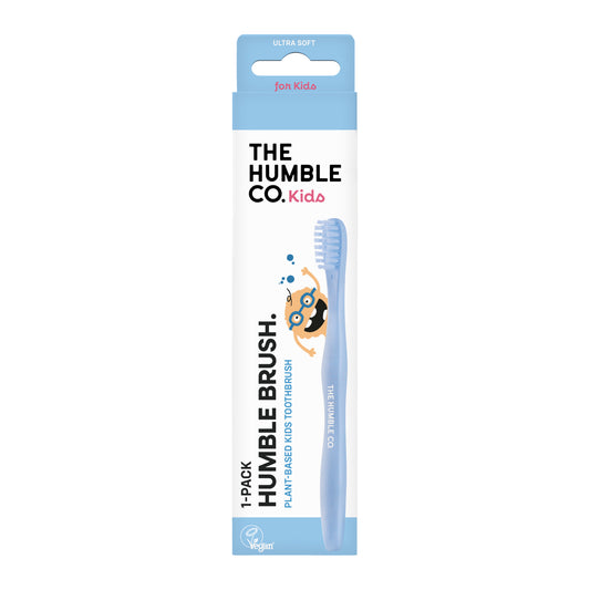 Escova de dentes de criança de base vegetal da The Humble Co. Cerdas sem BPA. Azul. Embalagem.