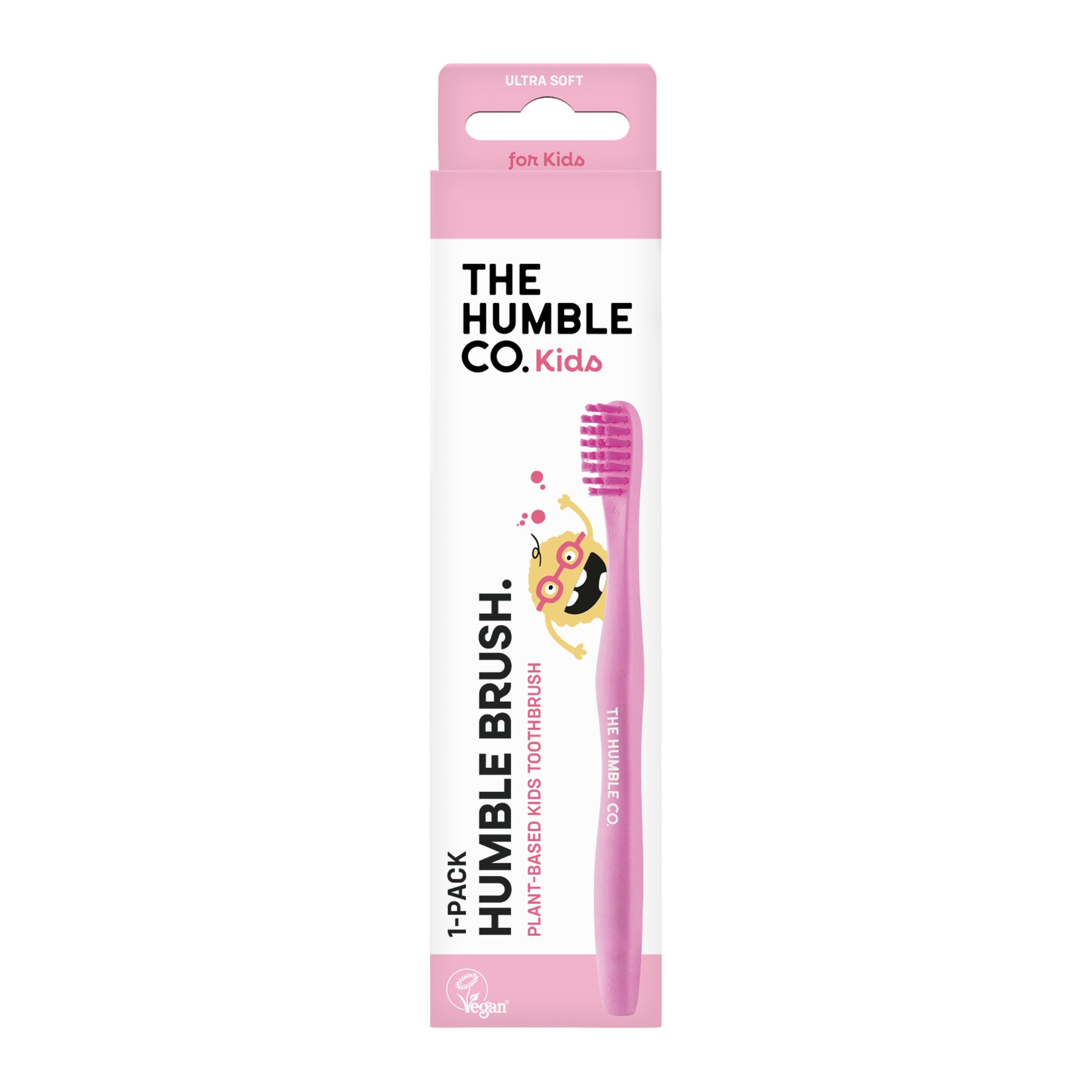 Escova de criança de base vegetal Rosa. Cerdas sem BPA. Da The Humble Co. - embalagem