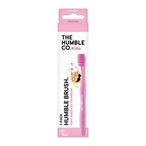 Escova de criança de base vegetal Rosa. Cerdas sem BPA. Da The Humble Co. - embalagem