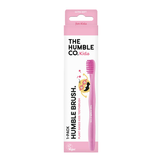 Escova de criança de base vegetal Rosa. Cerdas sem BPA. Da The Humble Co. - embalagem