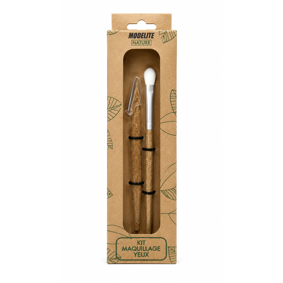 Kit prático e completo para definir e realçar o olhar. Inclui um pincel de aplicação de sombras com cerdas de nylon e um perfilador de sobrancelhas da Modelite Nature (Born to Bio)