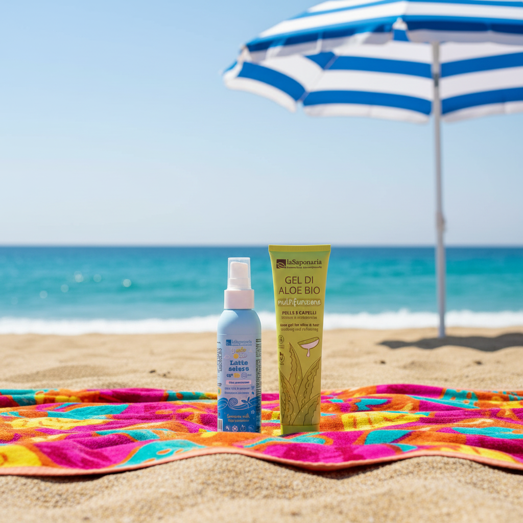 Conjunto de produtos com protetor solar SPF 30 e gel de aloe vera da La Saponaria. Produtos com certificação biológica.