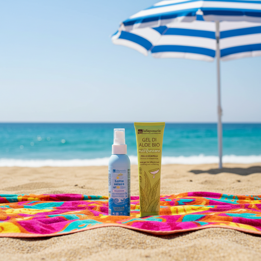 Conjunto de produtos com protetor solar SPF 30 e gel de aloe vera da La Saponaria. Produtos com certificação biológica.