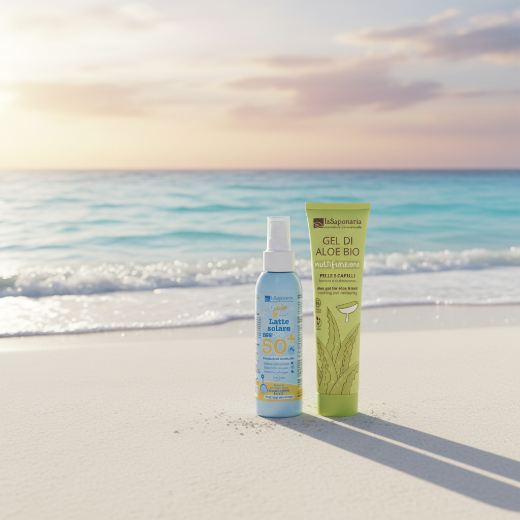 Conjunto de produtos para proteção solar e pós-solar. Protetor SFP 50 da La Saponaria e Gel de Aloe Vera da La Saponaria. Produtos com certificação biológica.