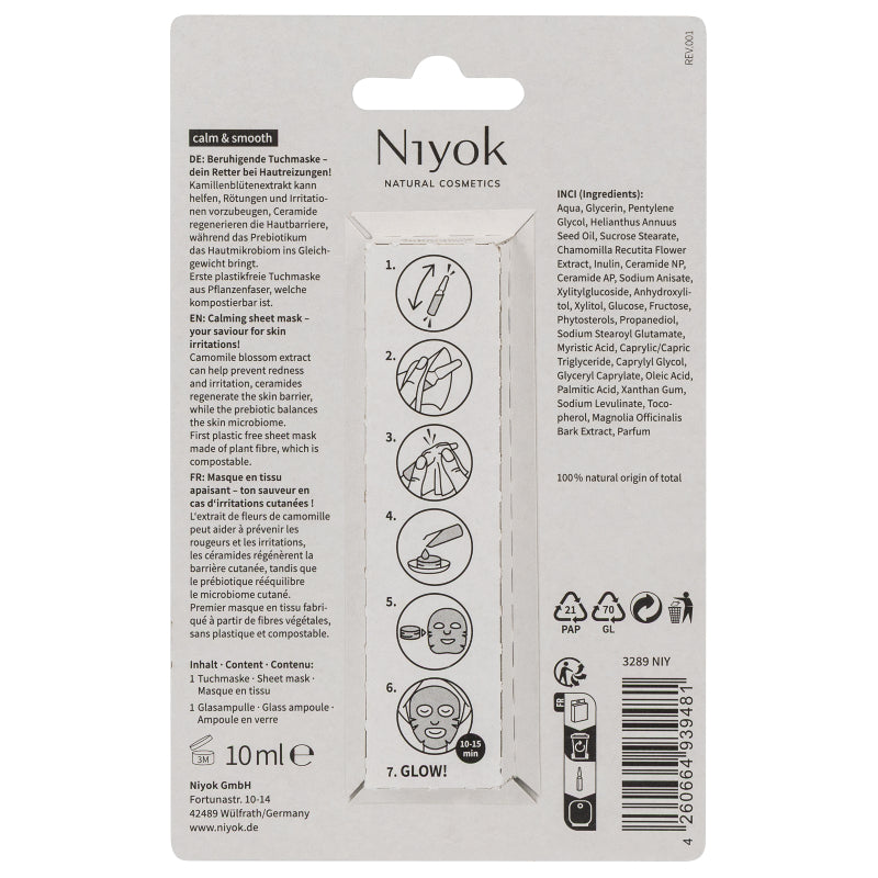 Máscara Facial de Tecido Acalma & Suaviza da Niyok - verso da embalagem