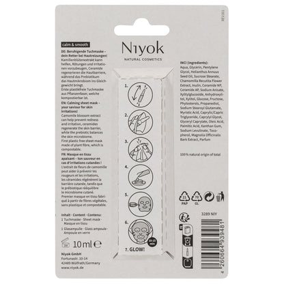 Máscara Facial de Tecido Acalma & Suaviza da Niyok - verso da embalagem