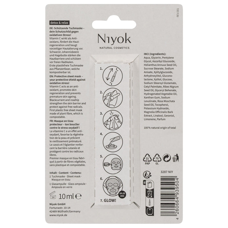 Máscara Facial de Tecido Detox & Relax da Niyok - verso da embalagem