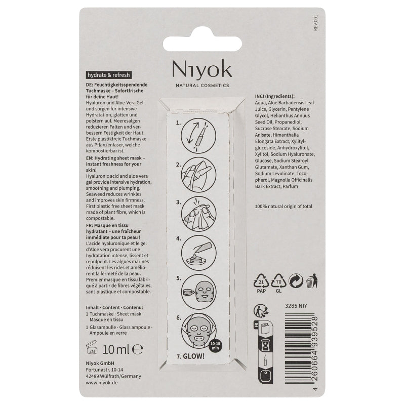 Máscara Facial de Tecido Hidrata & Refresca da Niyok - verso da embalagem