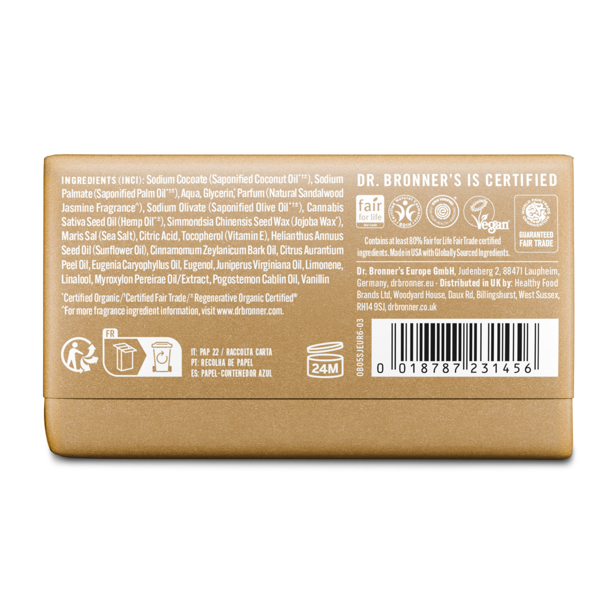 Sabonete em barra biológico Dr. Bronner's Jasmim Sândalo - 140g - verso