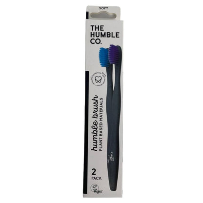 Pack duas escovas de plástico de base vegetal azul e roxo da The Humble Co.